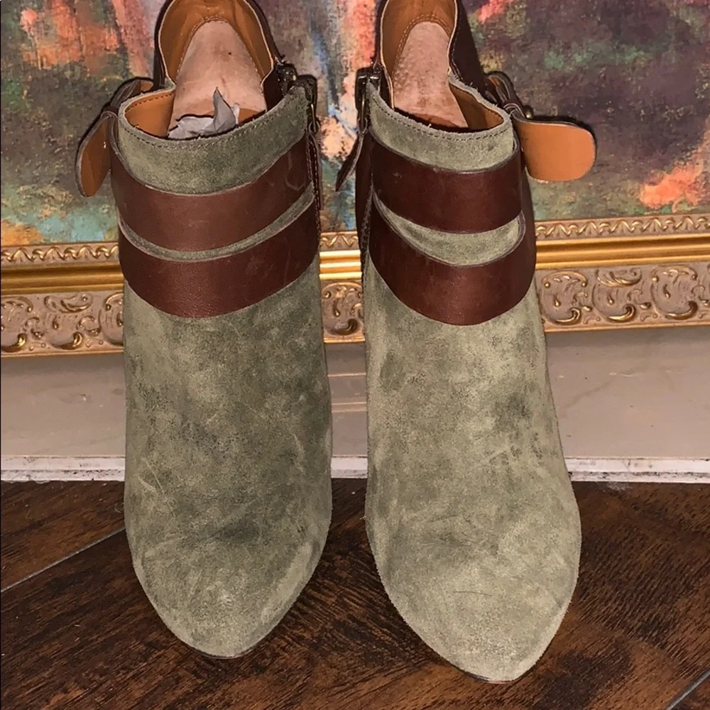 Nine West Olive Green Suede Ankle Booties with Brown Leather Straps - Picture 2 of 8